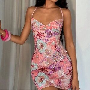 NWT Pink Party Women's Sexy Backless Lace-Up Mini Halter Floral Sequin Dress